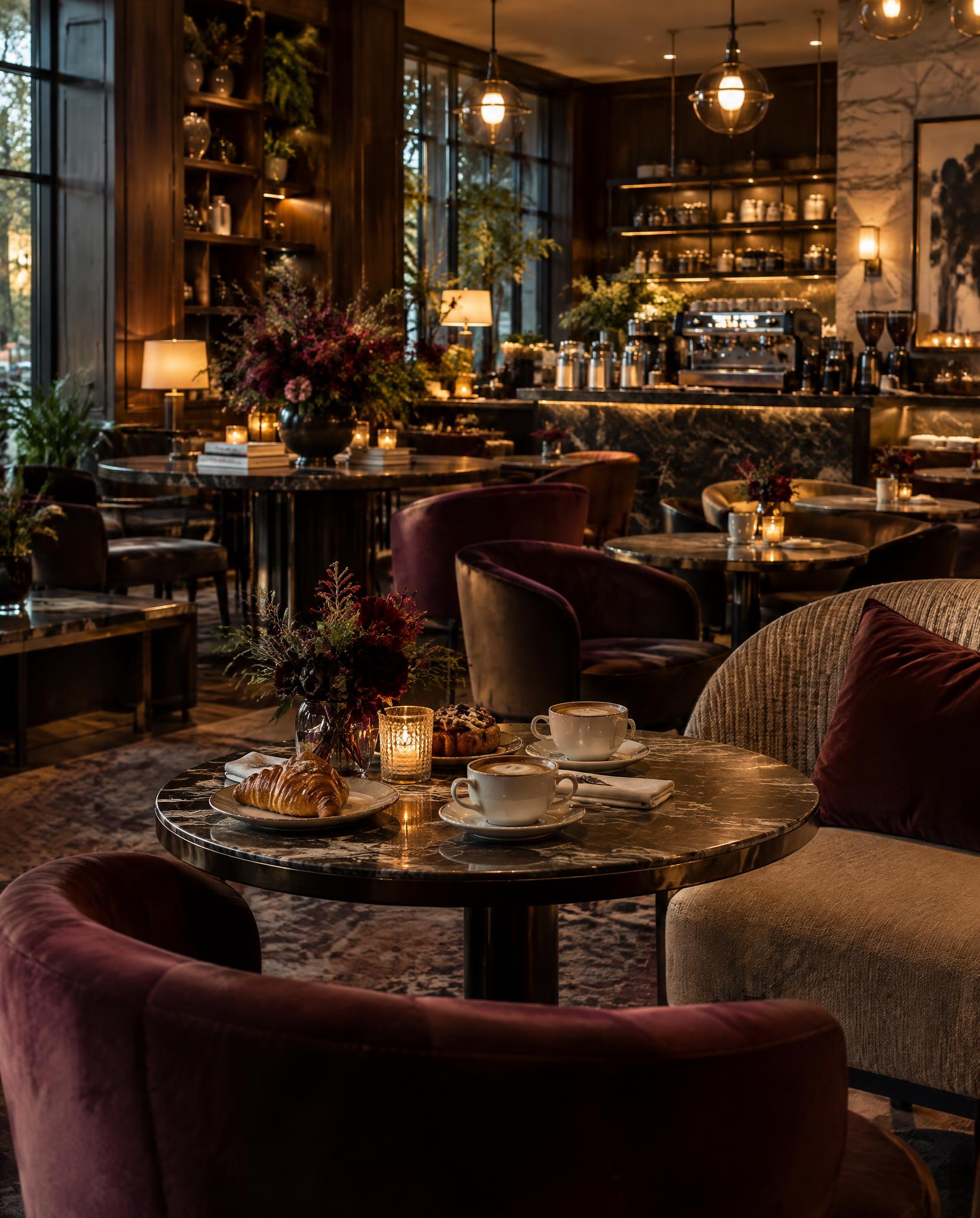 Warmly lit coffee-shop seating with burgundy florals and thoughtfully prepared coffee tables